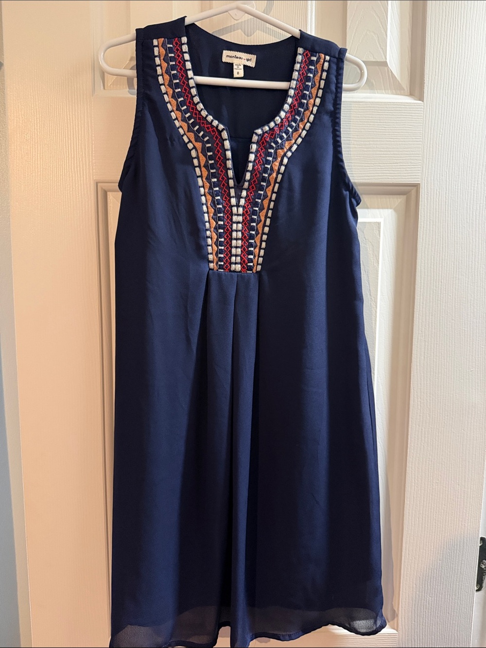 Girls Navy Sleeveless Embroidered V-Neck Casual Dress